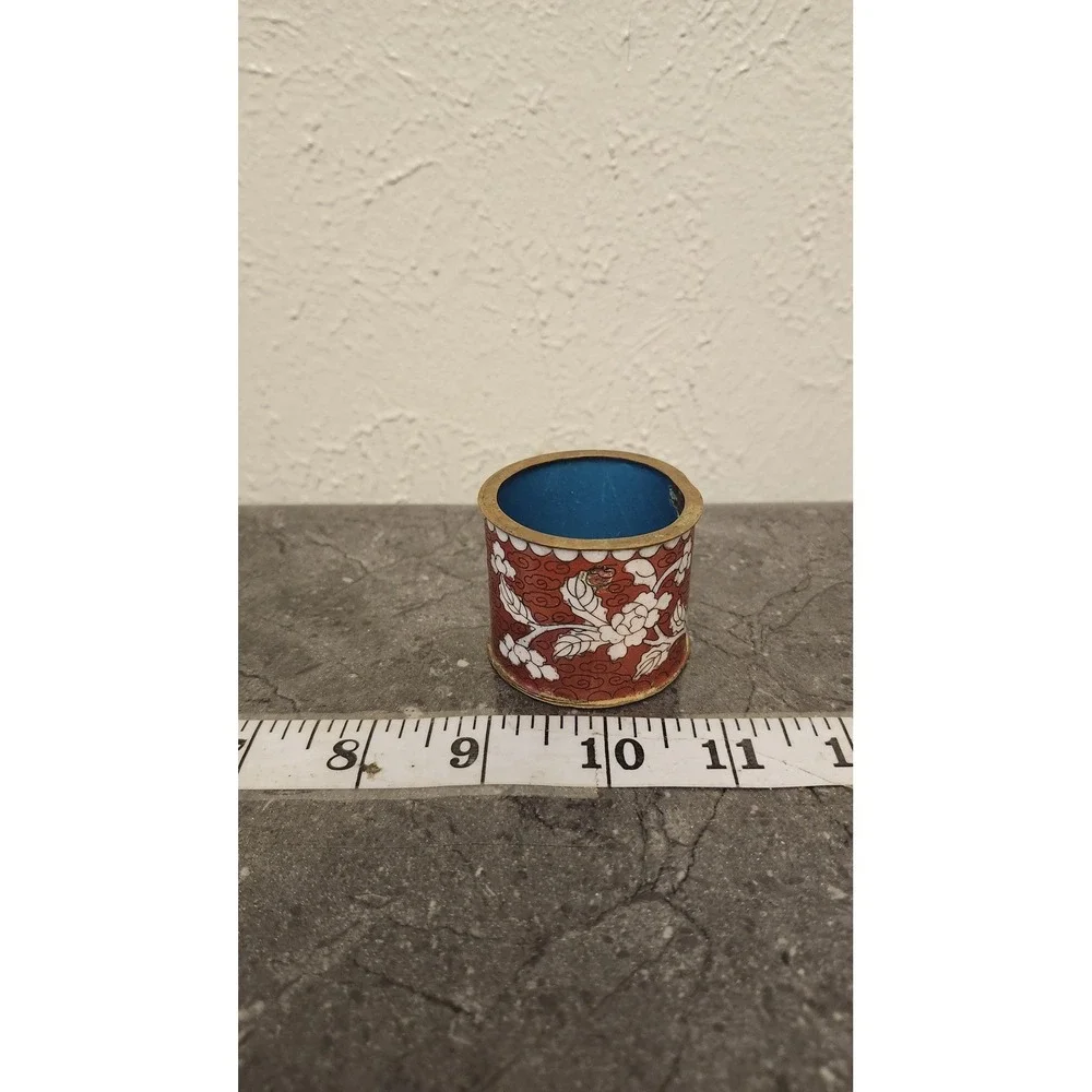 Vintage Chinese Cloisonne Red Floral Enamel Mini Pot Toothpick Holder‎ Decor